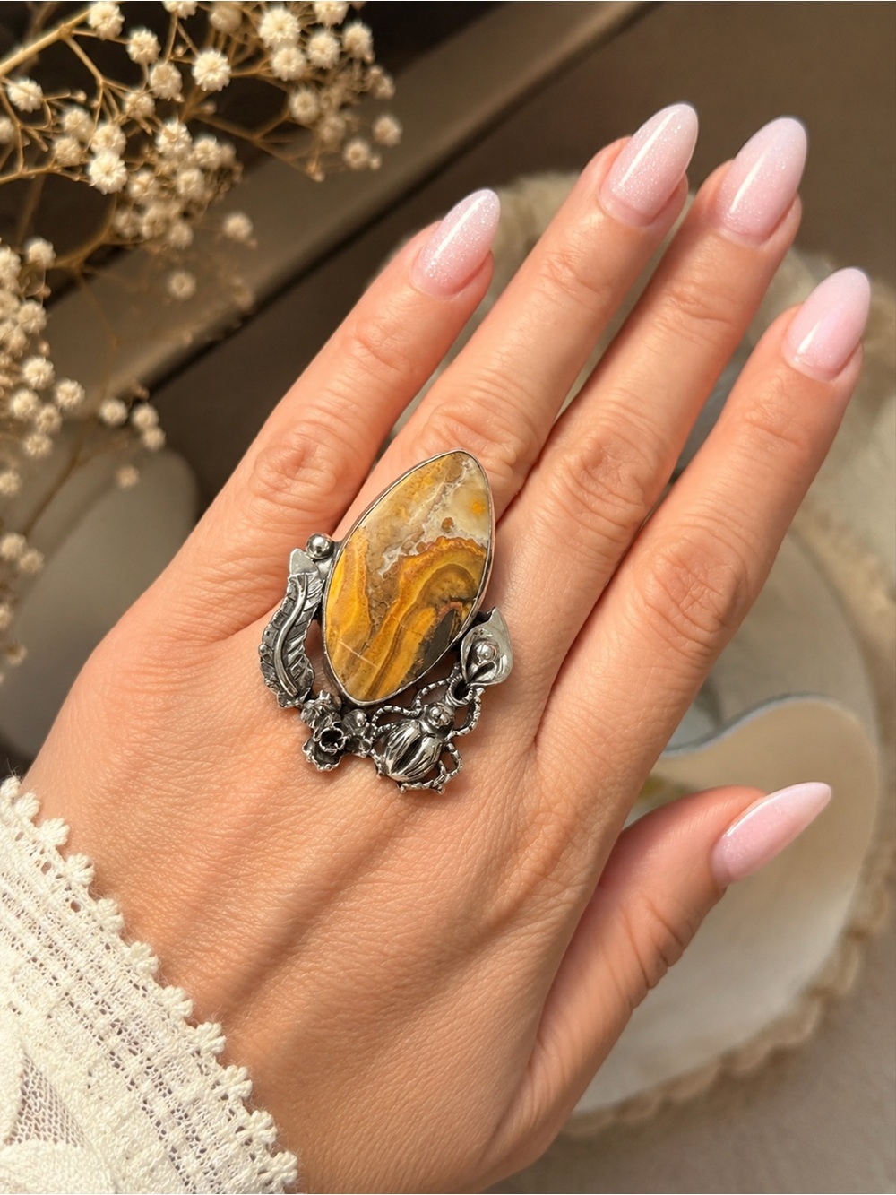 925 Sterling Silver Yellow Jasper Beetle Statement Ring - Women Jewelry